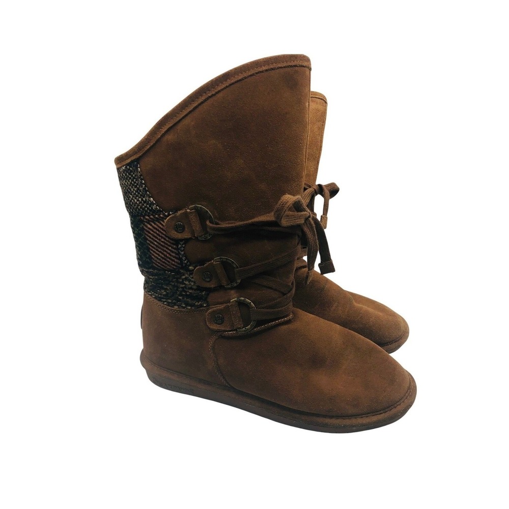 Bearpaw Boshie Women's Tan Suede‎ Plaid Trim Winter Boots Size 10 Cozy Lined